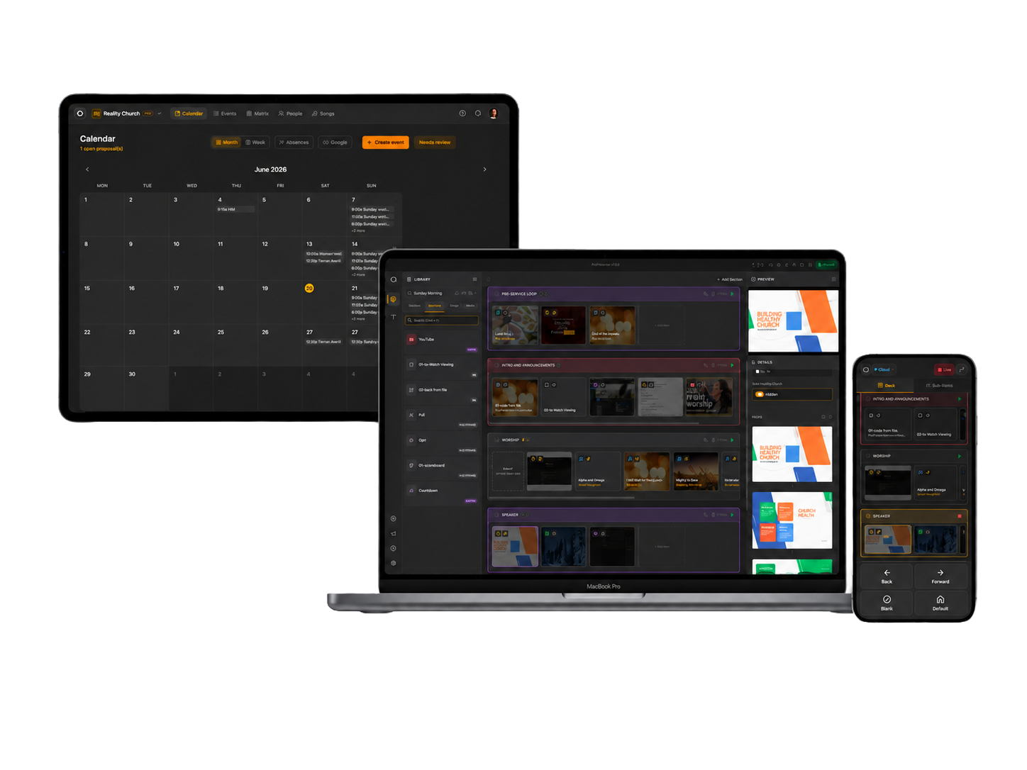 Connect on a tablet, Presenter on a laptop and Remote on a phone, with actual SundayAssist screens.